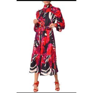 CIEBON Adele Floral Print Long Sleeve Midi Dress Red Sz M Puff Sleeve Victorian
